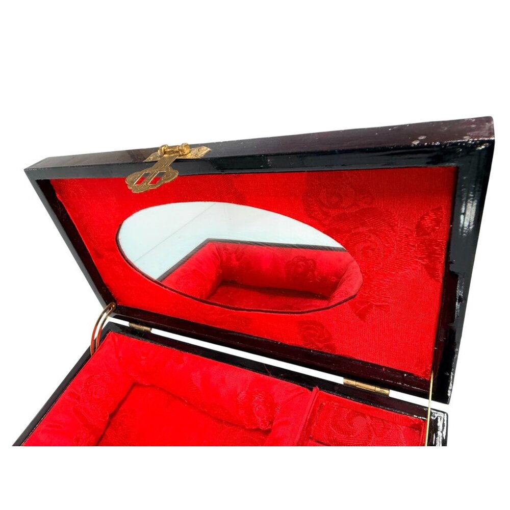 Vintage Oriental Wood Laquer Jewelry Box Red Silk Lining Mirror Carved Top - Picture 5 of 16
